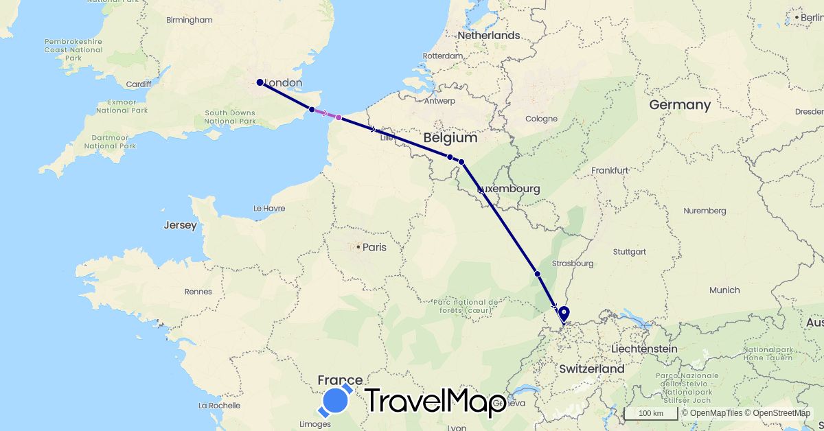 TravelMap itinerary: driving, train in Belgium, France, United Kingdom (Europe)
